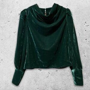 Rachel Zoe Drape Neck Velvet Blouse Cuffed Long Sleeve‎ Emerald Green Women's M